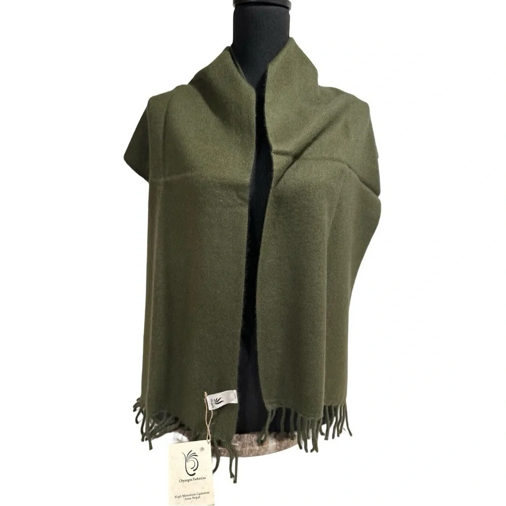 100% Pure 4-Ply Chyangra Pashmina Cashmere Scarf Handmade Nepal COA NWT -OLIVE